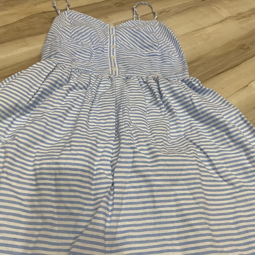 Love Notes Blue Striped Babydoll Mini Dress Button Front Smocked Back S 0191 - Picture 2 of 6